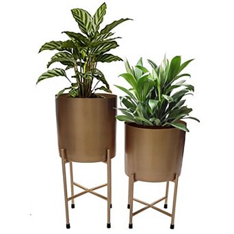 Set of 2 Decorative Modern Metal Cylinder Floor Flower Planter Holders with Stand