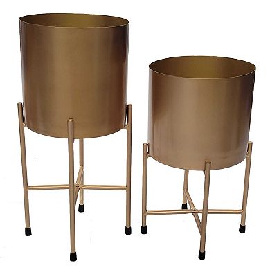 Set of 2 Decorative Modern Metal Cylinder Floor Flower Planter Holders with Stand