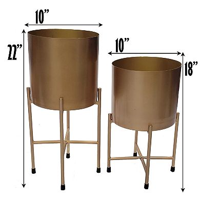 Set of 2 Decorative Modern Metal Cylinder Floor Flower Planter Holders with Stand