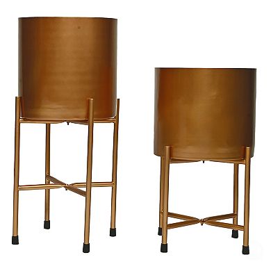 Set of 2 Decorative Modern Metal Cylinder Floor Flower Planter Holders with Stand