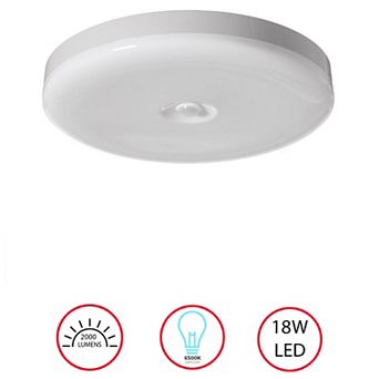 White Round Motion Sensor LED Ceiling Light Flush Mount Fixture 6500K Daylight, 1800lm 18W