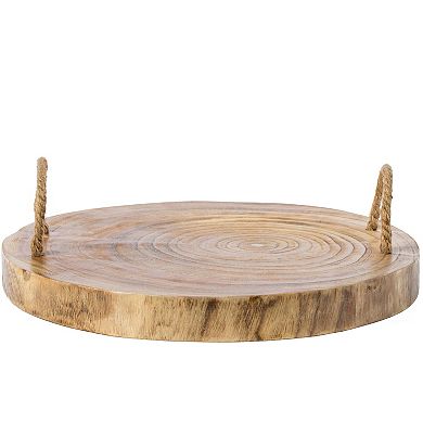 Wood Round Tray Serving Platter Board with Rope Handles
