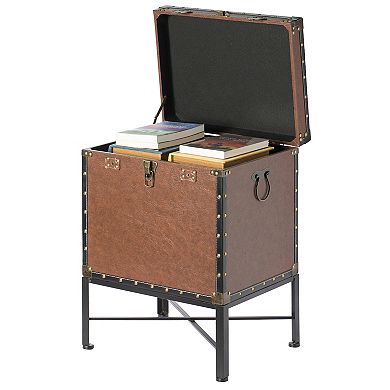 Trimmed Faux Leather Lockable Square Lined Storage Trunk, End Table on Metal Stand