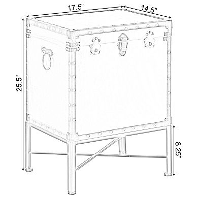 Trimmed Faux Leather Lockable Square Lined Storage Trunk, End Table on Metal Stand