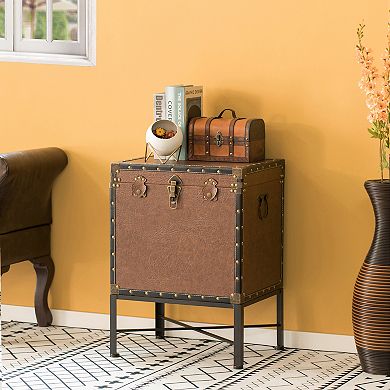 Trimmed Faux Leather Lockable Square Lined Storage Trunk, End Table on Metal Stand