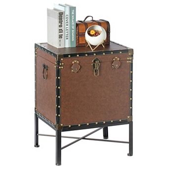 Trimmed Faux Leather Lockable Square Lined Storage Trunk, End Table on Metal Stand