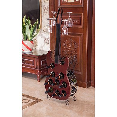 Vintage Wood and Metal Guitar Shaped 9 Bottle Freestanding Decorative Wine Holder