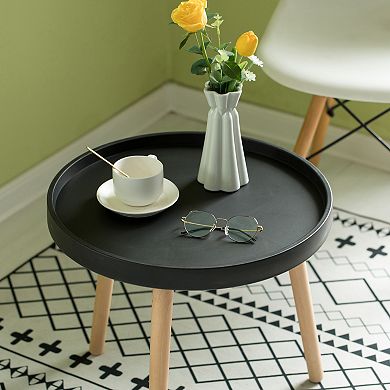 Modern Plastic Round Side Table Accent Coffee Table with Beech Wood Legs