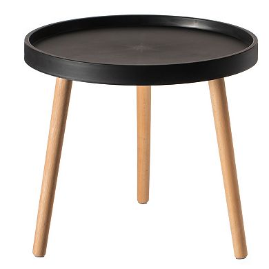 Modern Plastic Round Side Table Accent Coffee Table with Beech Wood Legs