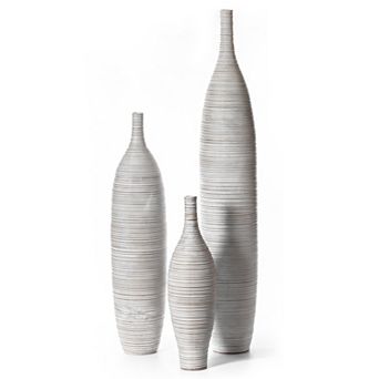 Modern Decorative Bottle Shape White Floor Vase Ribbed Design, Set of 3