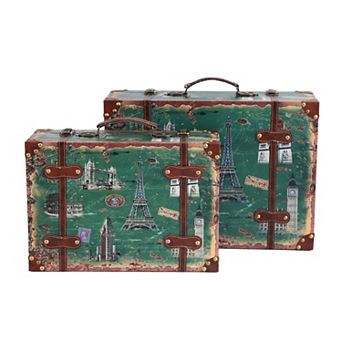 Set of 2 European Landmarks Vintage Wooden Luggage with Leather Straps and Handle