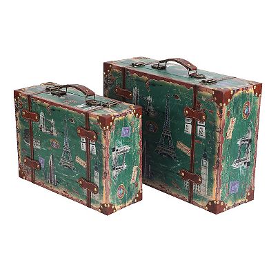 Set of 2 European Landmarks Vintage Wooden Luggage with Leather Straps and Handle