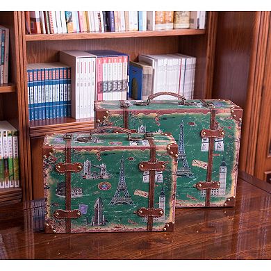 Set of 2 European Landmarks Vintage Wooden Luggage with Leather Straps and Handle