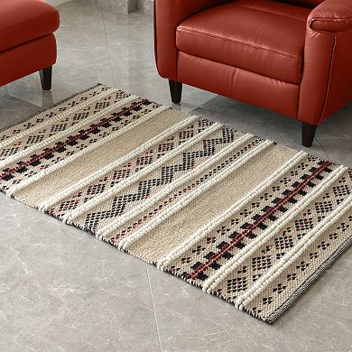 Handwoven Boho Beige Textured 100% Wool Flatweave Kilim Rug