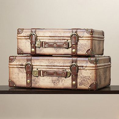 Old World Map Leather Vintage Style Suitcase with Straps, Set of 2