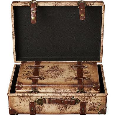 Old World Map Leather Vintage Style Suitcase with Straps, Set of 2