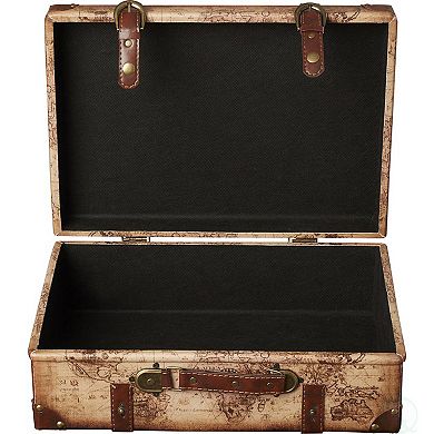 Old World Map Leather Vintage Style Suitcase with Straps, Set of 2