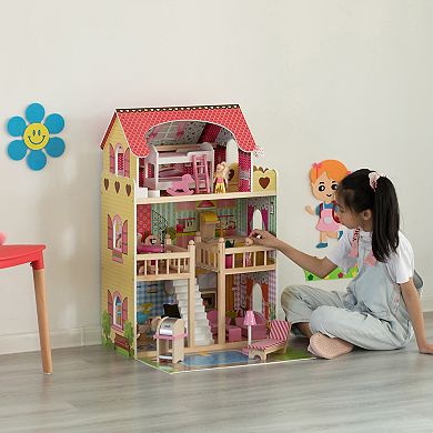 Wooden Doll House with Toys and Furniture Accessories and LED light for Ages 3+