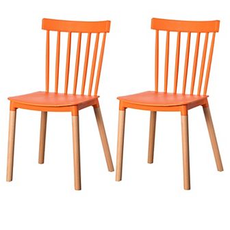 Modern Plastic Dining Chair Windsor Design with Beech Wood Legs, Set of 2