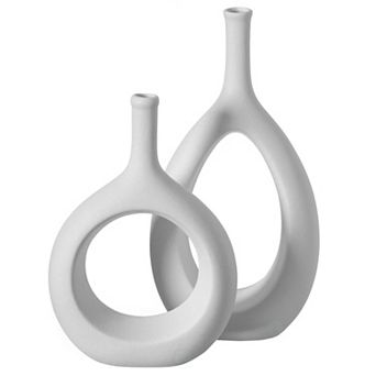 Contemporary White Ceramic Unique Shaped Flower Table Vase Centerpiece, Set of 2