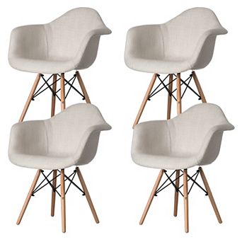 Mid-Century Modern Style Fabric Lined Armchair with Beech Wooden Legs, Set of 4