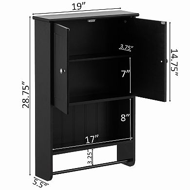 Wall Mount Bathroom Cabinet Wooden Medicine Cabinet Storage Organizer Double Door with 2 Shelves, and Open Display Shelf, with Towel Bar