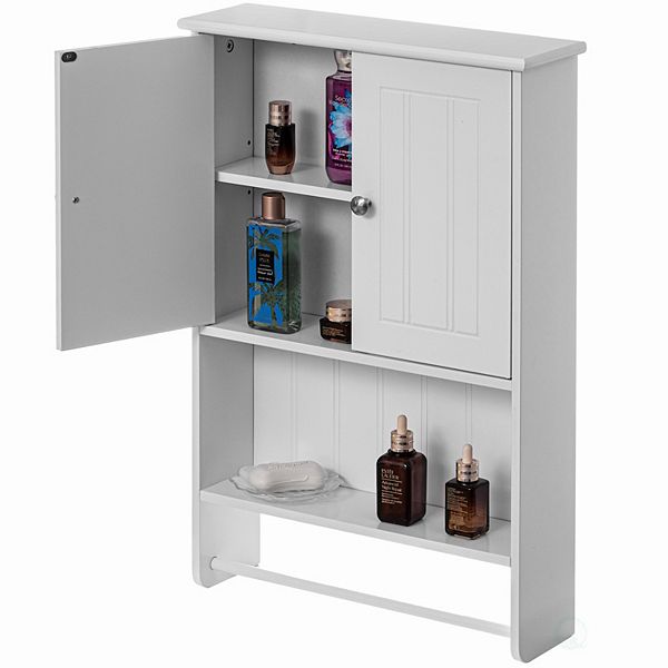 Wall Mount Bathroom Wooden Medicine Storage Organizer Double Door with 2 Shelves