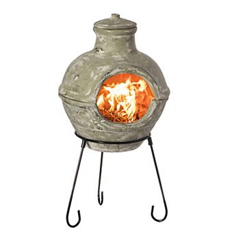 Beige Outdoor Clay Chiminea Barbecue Firepit Accent Design Charcoal Burning Fire Pit with Sturdy Metal Stand, Barbecue, Cocktail Party, Family Gathering, Cozy Nights Fire Pit