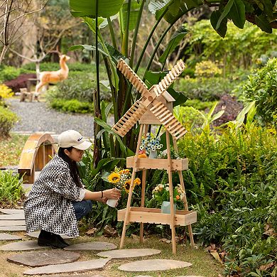 Wooden Cart Windmill Accent, Versatile and Decorative Piece for Home or Garden Decor