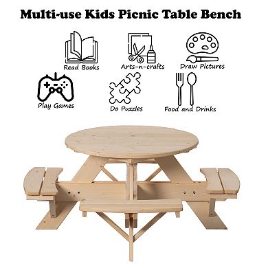 Wooden Kids Round Picnic Table Bench, Outdoor Children's Backyard Table