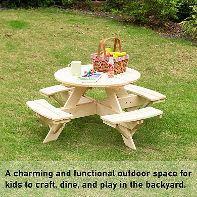 Wooden Kids Round Picnic Table Bench, Outdoor Children's Backyard Table