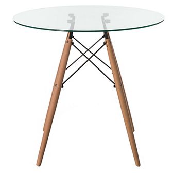 Round Clear Glass Top Accent Dining Table with 4 Beech Solid Wood Legs