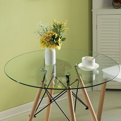 Round Clear Glass Top Accent Dining Table with 4 Beech Solid Wood Legs