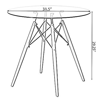Round Clear Glass Top Accent Dining Table with 4 Beech Solid Wood Legs