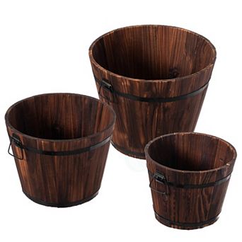 Wooden Whiskey Barrel Planter with Durable Medal Handles and Drainage Hole