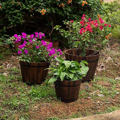 Wooden Whiskey Barrel Planter with Durable Medal Handles and Drainage Hole