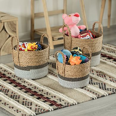 Straw Decorative Round Storage Basket Set of 3 with Woven Handles