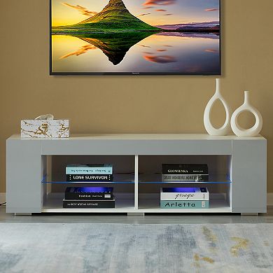 White Entertainment TV Stand with LED Lights and Glass Shelves with UV Frame