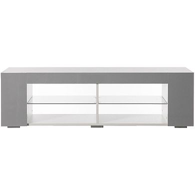 White Entertainment TV Stand with LED Lights and Glass Shelves with UV Frame