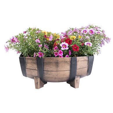 Rustic Wood- Look Plastic Half Barrel Flowerpot Garden Planter