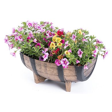 Rustic Wood- Look Plastic Half Barrel Flowerpot Garden Planter