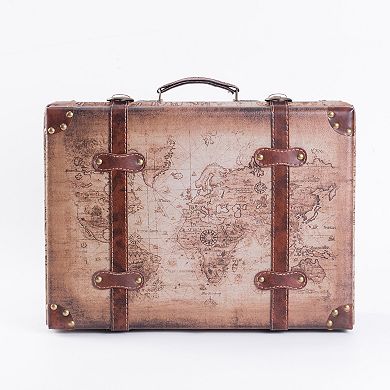 Set of 2 Vintage-Style World Map Leather Suitcase Trunks with Straps and Handle