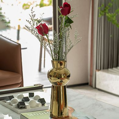 Decorative Ceramic Ball Neck Flower Table Vase, Shiny Metallic Gold