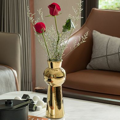 Decorative Ceramic Ball Neck Flower Table Vase, Shiny Metallic Gold