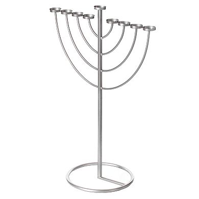 Medium Modern Silver 9 Branch Lighting Thin Pipe Hanukkah Menorah, Metal-Aluminum
