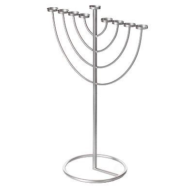 Small Modern Silver 9 Branch Lighting Thin Pipe Hanukkah Menorah, Metal-Aluminum