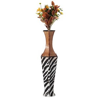 White striped and brown Metal Floor Vase for Dried Flower and Artificial Floral Arrangements
