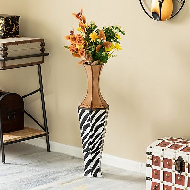 White striped and brown Metal Floor Vase for Dried Flower and Artificial Floral Arrangements
