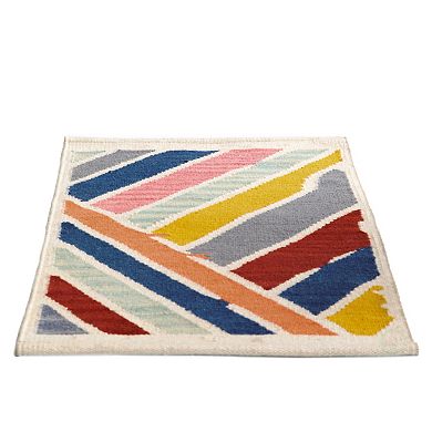 Handwoven Multicolored Abstract Stripes Wool Flatweave Kilim Rug