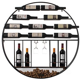 Vintage Decorative Modern Black Metal Round Wall Mounted Wine Display Rack